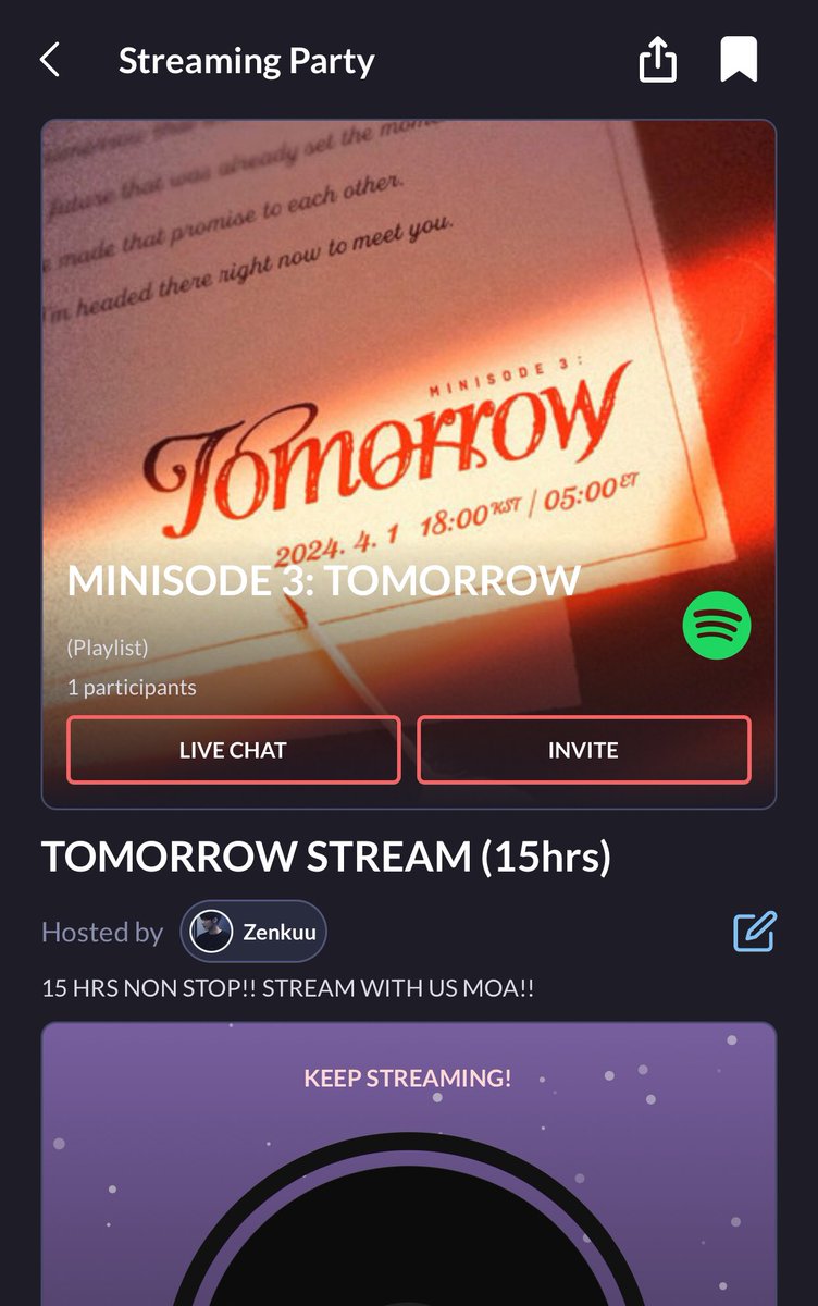 MINISODE 3: TOMORROW STREAM ON SPOTIFY 

Guess who back??Hi y'all!! I inviting y'all again MOAs to please join us here on <a href="/renaissanceapp/">Renaissance</a> to stream #TOMORROW, I'm the one who's hosting this (15hrs) stream 

📍ren.fm/KqFnh2pFVFWunT…