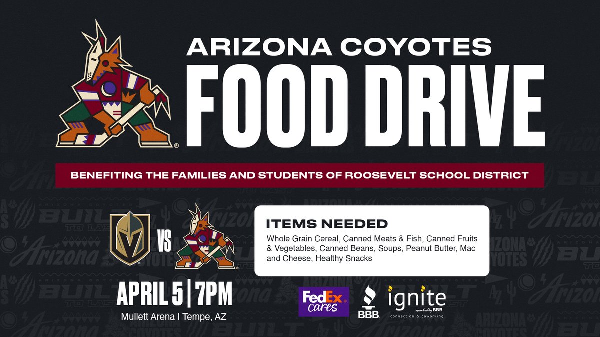 For Friday's game, we're asking fans to bring the following items: -Whole grain cereal -Canned meats & fish -Canned fruits & vegetables -Canned beans -Soups -Peanut butter -Mac & cheese -Healthy snacks These will benefit families and students of the Roosevelt School District.