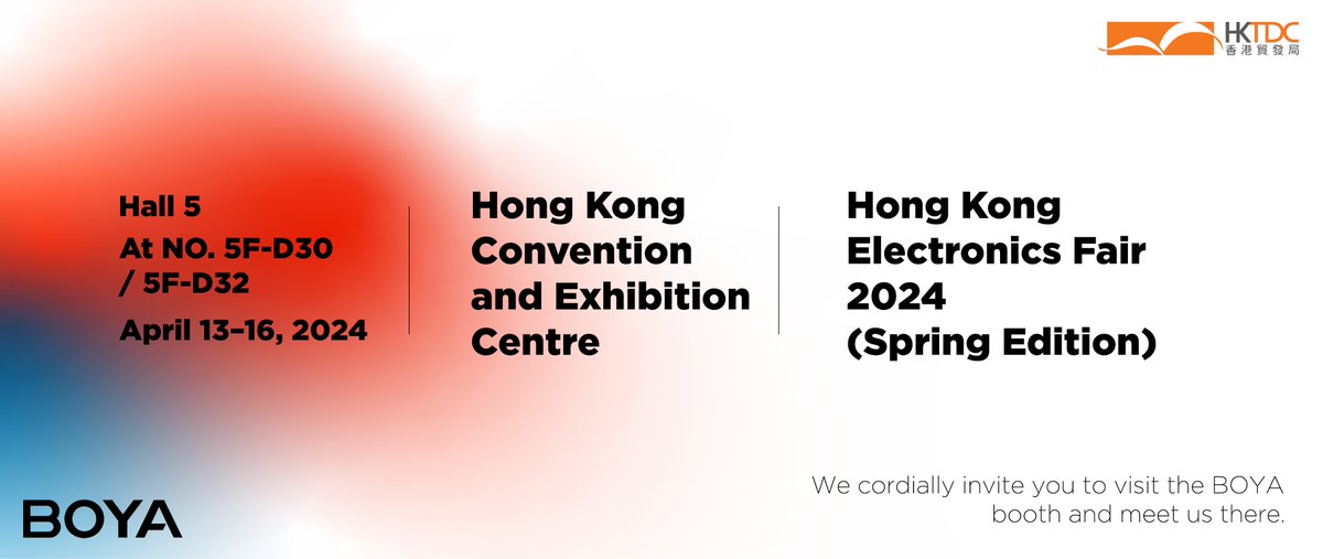 BOYAmic's tweet photo. Meet us at Hong Kong Electronics Fair 2024 (Spring Edition) 🎉🎉🥰
Booth: Hall5 At NO. 5F-D30 / 5F-D32
Date: April. 13-16, 2024
Location: Hong Kong Convention and Exhibition Centre

#BOYA #Bestmic #wirelessmicrophone #audiorecording #hongkongfair #hongkongelectronicsfair https://t.co/k1ZjzkJXjy