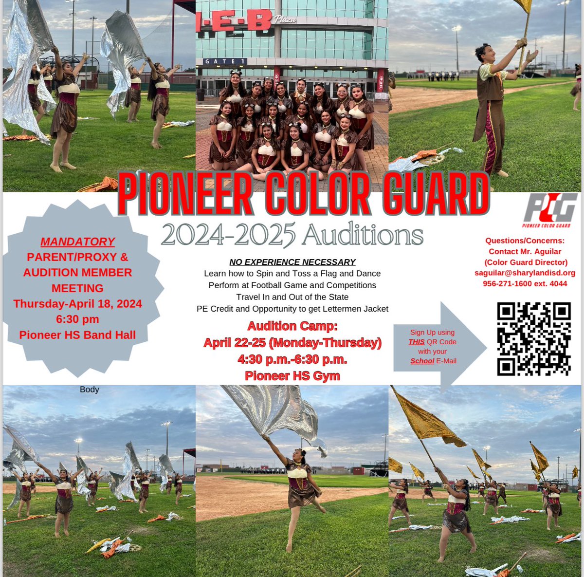 Interested in performing under the Friday Night Lights? Spin a flag and dance with the consecutive state bound Pioneer High School Diamondback Band? Consider joining Color Guard. No experience is needed and is open to current 8th-11th grade male and female students. Use QR code!
