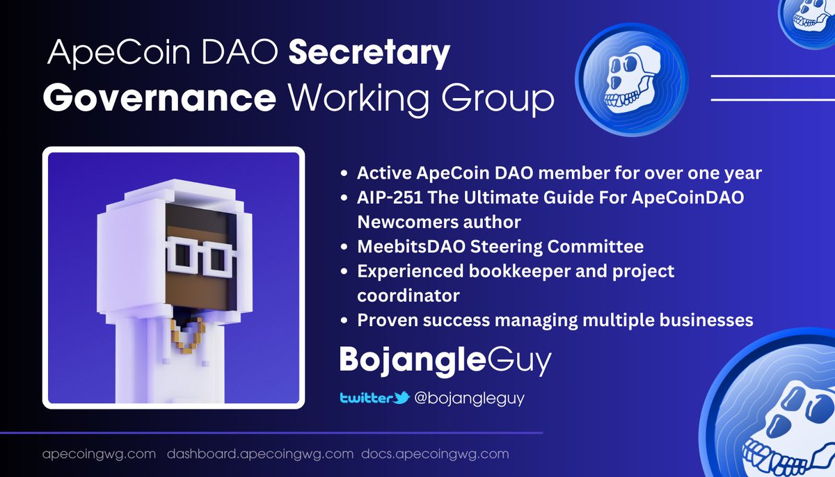 AllCityBAYC's tweet photo. About time we got a Meeb around here…
Officially welcoming @BojangleGuy to the #ApeCoinDAO Governance Working Group. Let’s f#%!ng go 💪💪
#ApeCoin #Meebin https://t.co/rrFyEaSRy0
