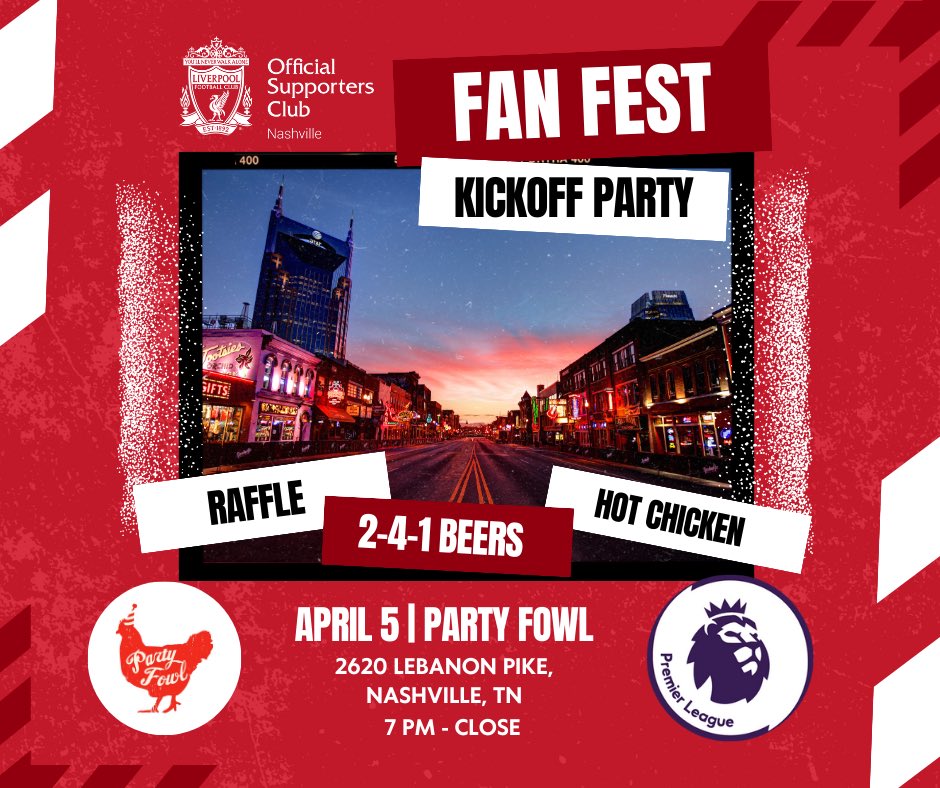 LFC_Nashville's tweet photo. We are PUMPED to see you THIS Friday night (April 5) for our @plinusa fan fest kickoff party! Raffle with tons of amazing items including 2 tickets to the LFC club friendly against Man U in Columbia, SC! https://t.co/WdVxomoD4O