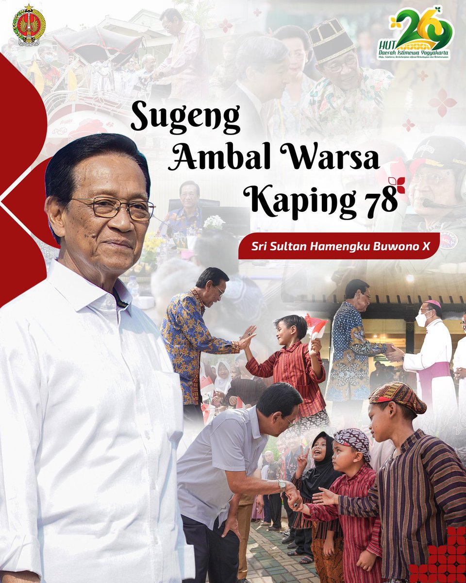 Selamat Ulang Tahun Sri Sultan Hamengku Buwono X. Teriring doa dan harapan, semoga memasuki usia ke-78 ini, Sri Sultan senantiasa dilimpahi kesehatan, keberkahan, dan kekuatan untuk mengayomi kita. #GubernurDIY #SriSultanHBX #78thsrisultanhbka10 #78thsrisultanhb10 #humasjogja