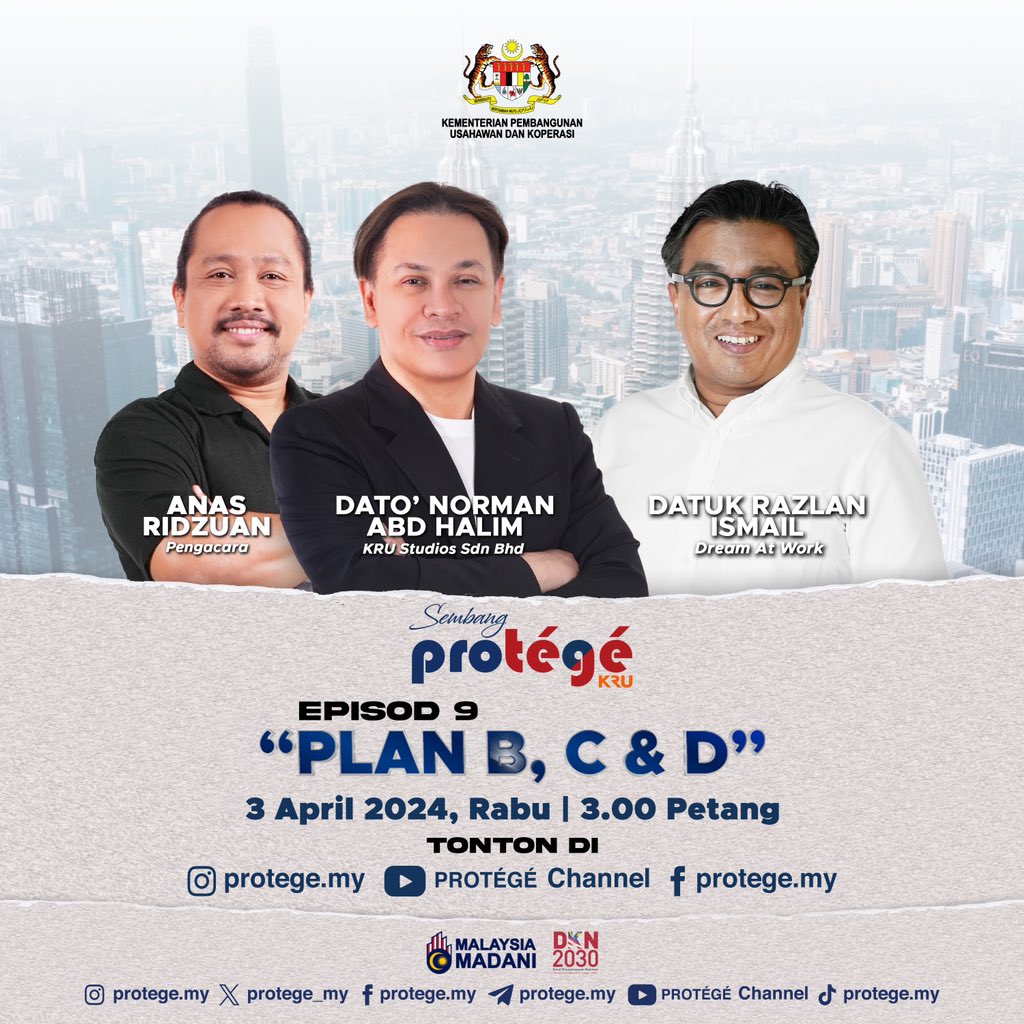 Saksikan Sembang Protégé x KRU, Episod 9 ‘Plan B, C &amp; D’ menampilkan Datuk Razlan bersama Dato’ Norman dan Anas mengupas topik berkaitan pelan efektif, 3 April 2024 (Rabu), jam 3 petang. 

#KUSKOP #PROTÉGÉ #SembangProtégé #PlanBCD