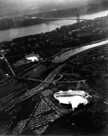 Absolutely amazing aerial photo of two night games being played simultaneously at Yankee Stadium and Polo Grounds.