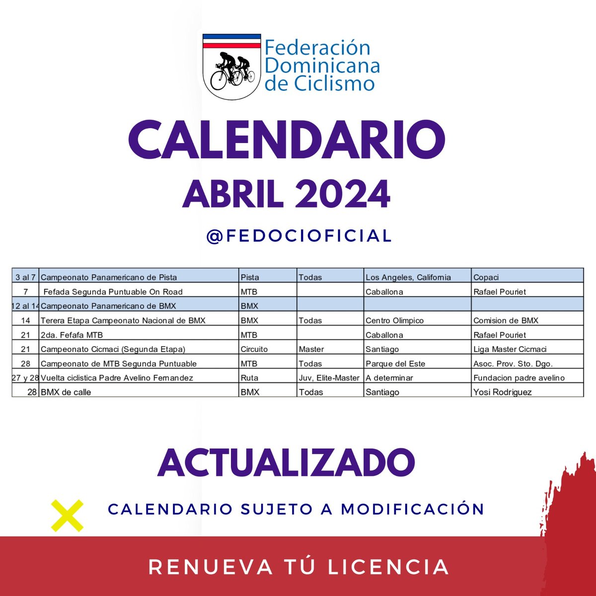 <a href="/fedocioficial/">FEDOCIOFICIAL</a> #fedocioficial #ciclismo #cycling #republicadominicana #Abril