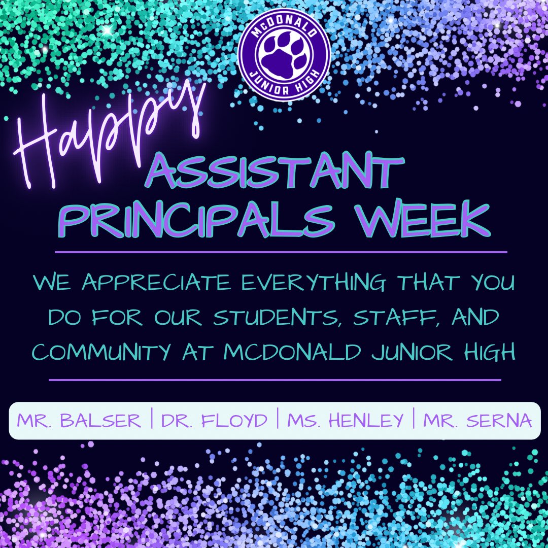 The assistant principals on our campus do work that often goes unnoticed. They come early and stay late, problem solve the unimaginable, and are relentlessly committed to making our campus the best place for our students and staff. This week we celebrate them! <a href="/MDJH_Panthers/">McDonald Junior High School</a>