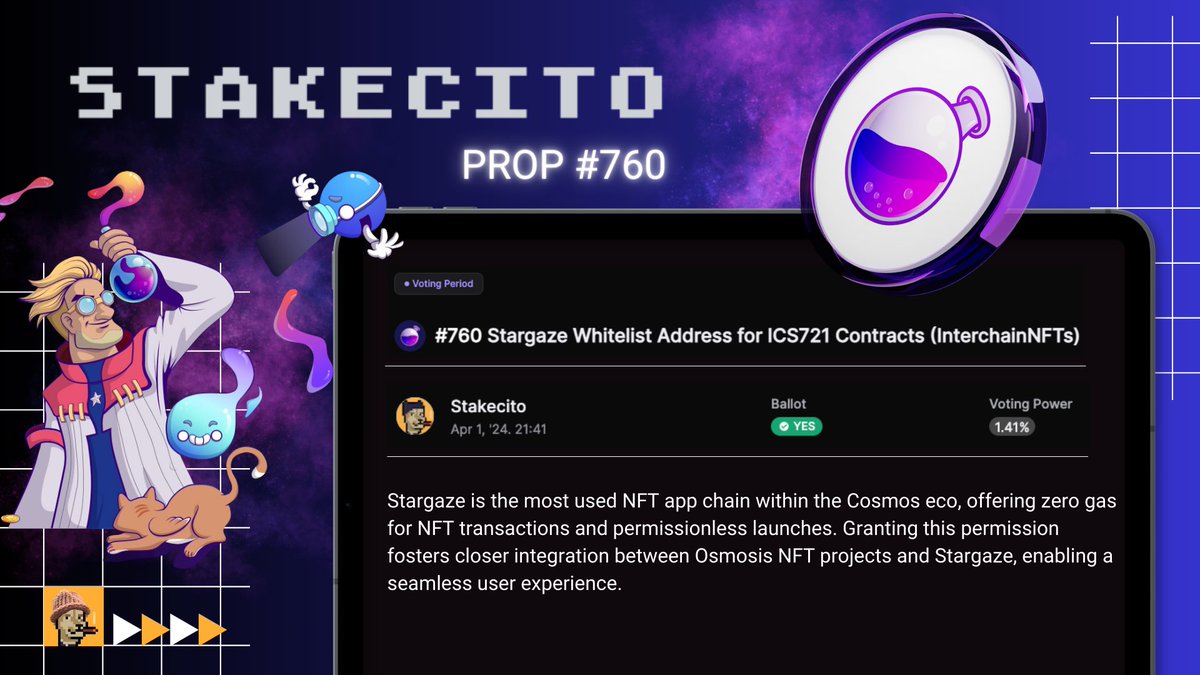 stakecito's tweet photo. Stakecito votes YES ✅
On @osmosis 🧪 Proposal #760:
@StargazeZone Whitelist Address for ICS721 Contracts (InterchainNFTs)
📍 Proposal: https://t.co/0Ahu9OmpVc
📍Forum Post: https://t.co/B3fV7o0HQH
⌛️Vote Ends: April 2
🗳️ Don't forget to cast your vote!
#VoteCito https://t.co/ATVZxbAW3B