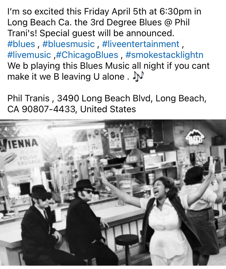 This Friday April 5th the 3rd Degree Blues Band will be at Phil Tranis in Long Beach Ca.  
#smokestacklightn , #blues , #liveblues