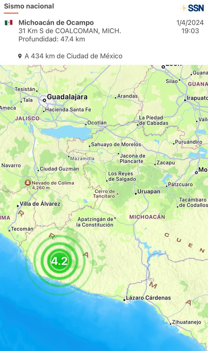 ARBedolla's tweet photo. De acuerdo con el Servicio Sismológico Nacional a las 19:03 se registró un sismo con magnitud 4.2 en la escala Richter al sur de Coalcomán, y aunque fue imperceptible en la mayor parte de la entidad, instruí la activación de los protocolos de protección civil para descartar cualquier daño. Estamos y vigilando para garantizar la seguridad de las y los michoacanos.