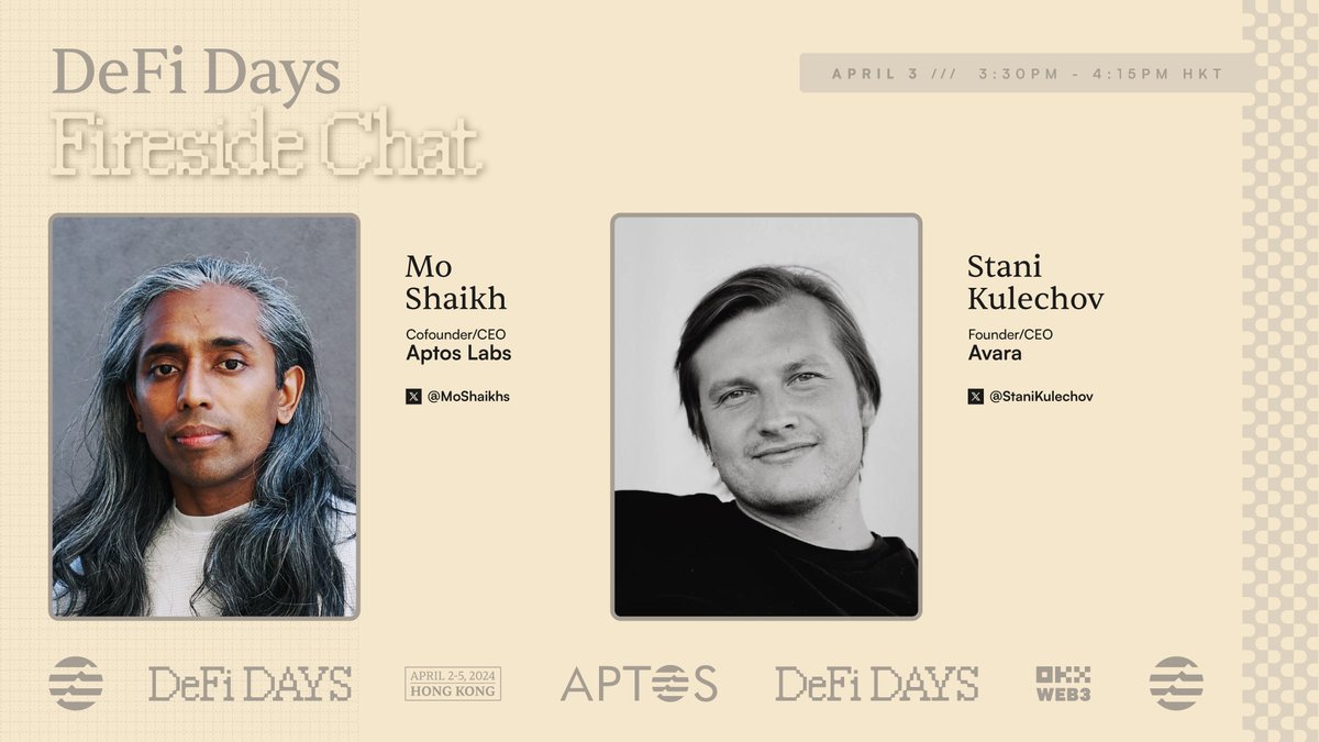 In an already epic gathering, this fireside chat between @moshaikhs and @StaniKulechov will unleash the vision of two leading minds in the Web3 revolution. If you could enter the chat, what would you ask these gigabrains about the future of blockchain? 👀 #AptosDeFiDays