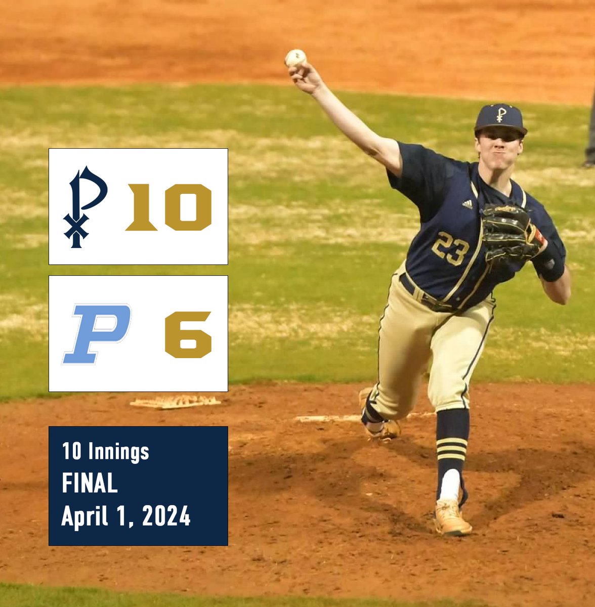 StPiusXBaseball's tweet photo. LIONS WIN! Great pitching from Will Freeman '25 (2.2 IP, 1 H, 0 R, 0 BB, 1 SO) &amp; Charlie Hendrix '24 (5.2 IP, 2 H, 2 R, 0 ER, 1 BB, 7 SO). Wesley Ingham '25 (3-6, 1 R, 1 2B), Michael Dee '25 (3-4, 3 R, 1 2B, 1 BB, 1 SB) &amp; Liam Ebbs '24 (2-3, 4 RBI, 1 BB, 2 HBP) led the offense. https://t.co/BYD7RpnU8L