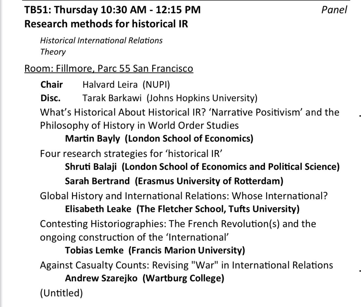 If you’re at #ISA2024 (@isanet) and interested in Historical IR, have we got several panels for you! The panels cut through wide-ranging questions of methods, race, gender, “revisionism”, regional spaces, and concepts in history/theory/the “international” (WC67, WA19, TB51, SB74)