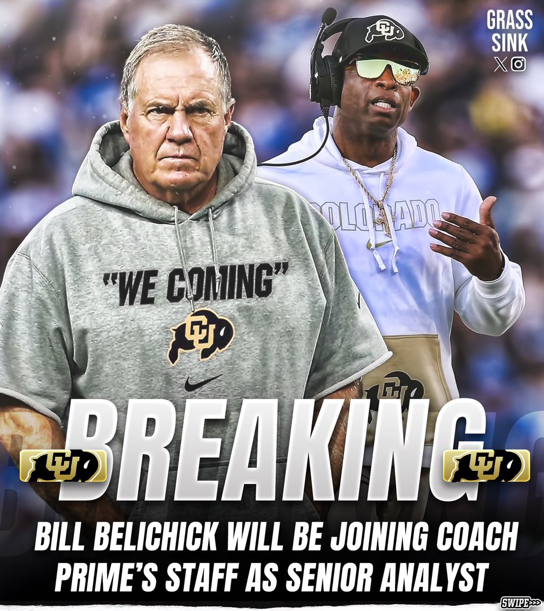 TheGrassSink's tweet photo. BREAKING: Bill Belichick will be joining Coach Prime’s staff at Colorado as a Senior Analyst.

The legendary NFL coach has reportedly “decided to dip his toes in the NIL game.”

Rumors are Lil Wayne’s post-Spring Game concert was a major selling point for Belichick to CU.👀 https://t.co/PPc4tfWBVn
