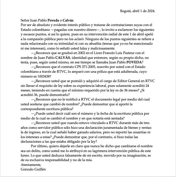 Comparto esta gentil invitación que le hago a Juan Pablo Calvás o Juan Pablo Poveda, de  la emisora WRadio, para que aclare datos muy sencillos y de evidente interés público que no despejó en su lagrimira intervención de este lunes en defensa de su abuelita, a quien yo jamás