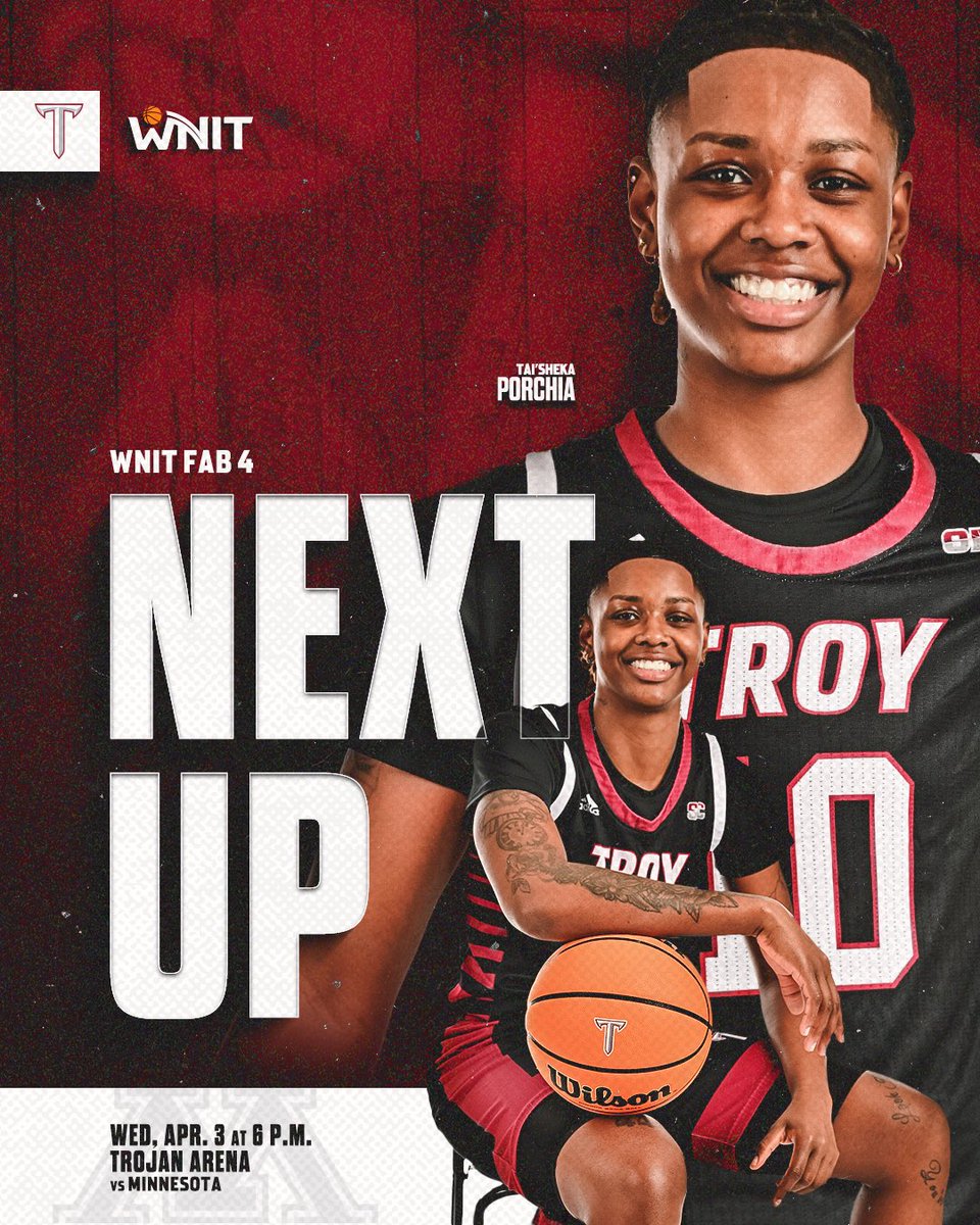 TroyAthletics's tweet photo. This run is ✨ 𝐅𝐀𝐁𝐔𝐋𝐎𝐔𝐒 ✨

We will see YOU at Trojan Arena Wednesday, April 3, at 6:00 p.m. as @TroyTrojansWBB hosts Minnesota in the WNIT Fab 4‼️

#OneTROY⚔️🏀 https://t.co/InZxewyuLS