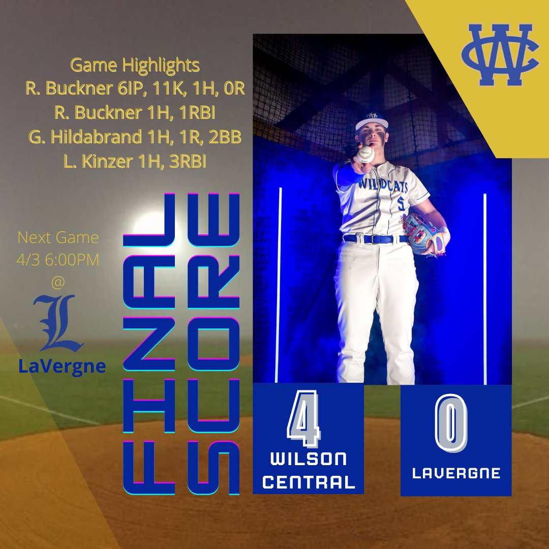 Big District 7-AAAA win toinight to improve to 11-4(3-0) on the season! Buck was great on the bump and a timely double by Kinzer driving in 3 runs was all he needed!! Back at it Wednesday night at LaVergne @ 6:00PM! @wcsn16 <a href="/WilsonCentralHS/">WCHS</a>