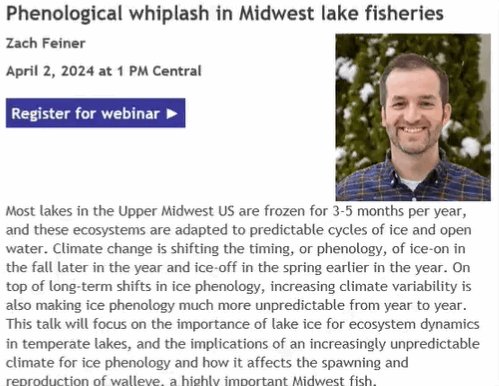 MGLP Webinar Tuesday Apr 2 @ 1 PM Central by Zach Feiner (of @WDNR /@WiscLimnology ): Phenological whiplash in Midwest US fisheries. midwestglaciallakes.org/resources/webi… @mw_casc