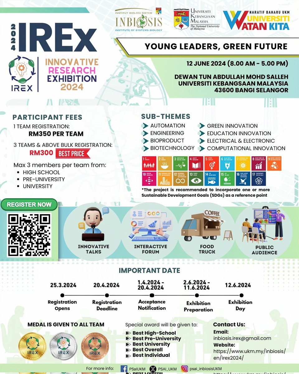 You have an amazing ideas and innovation that you want to showcase? 🚀

Register now at the link below and secure your spot at IREx 2024: Young Leaders, Green Future 🤗

forms.gle/yBCMai8GwdQjwk...

#IREx2024 #innovation #networking