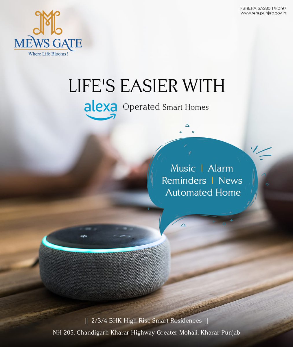 Welcome to Mews Gate, where Alexa turns your home into a haven of efficiency and comfort. 🏠2/3/4 BHK Alexa-Operated Smart Residences 📞Call us at 90695-90695 #MewsGate #AlexaHomes #Alexa #SmartHomes #SmartLiving #Command #Comfort #SmartResidences #Residential #Kharar