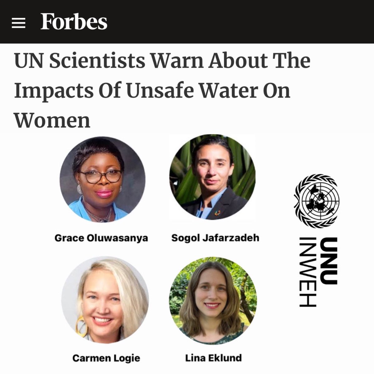 UN Scientists Warn About The Impacts Of Unsafe Water On Women. Following our report on the gendered impacts of water, this @Forbes article by @SanamMahoozi draws attention to this important topic, featuring four of our experts. forbes.com/sites/sanammah…