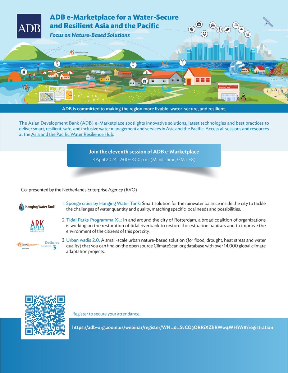 ADBWater's tweet photo. 🌱Can development and nature go hand-in-hand? Join us tomorrow, 3 April, for the 11th ADB e-Marketplace with the topic “Focus on Nature-Based Solutions," co-presented by the Netherlands Enterprise Agency (RVO): https://t.co/sprD33PAOH https://t.co/aXRQJbPUAM