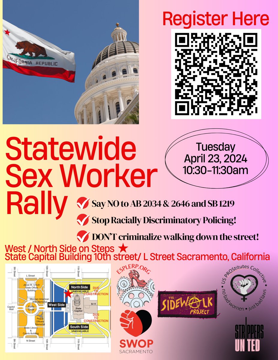 Join us for our SW Cali Bad Law Rally, Tuesday, April 23rd on the capital steps in Sacramento 10:30am No on AB2034, AB 2646 &amp; SB1219 <a href="/kristendiangelo/">Kristen DiAngelo</a> <a href="/LASidewalk/">TheSidewalkProject</a> <a href="/JustinCasePnC/">Justin Case 🌱 Plant Dad</a> <a href="/PROS_Collective/">US PROStitutes Collective</a> <a href="/SwopSacramento/">Swop Sacramento</a> <a href="/swopbehindbars/">SWOP Behind Bars</a> <a href="/BAWSupport/">Bay Area Workers Support</a>