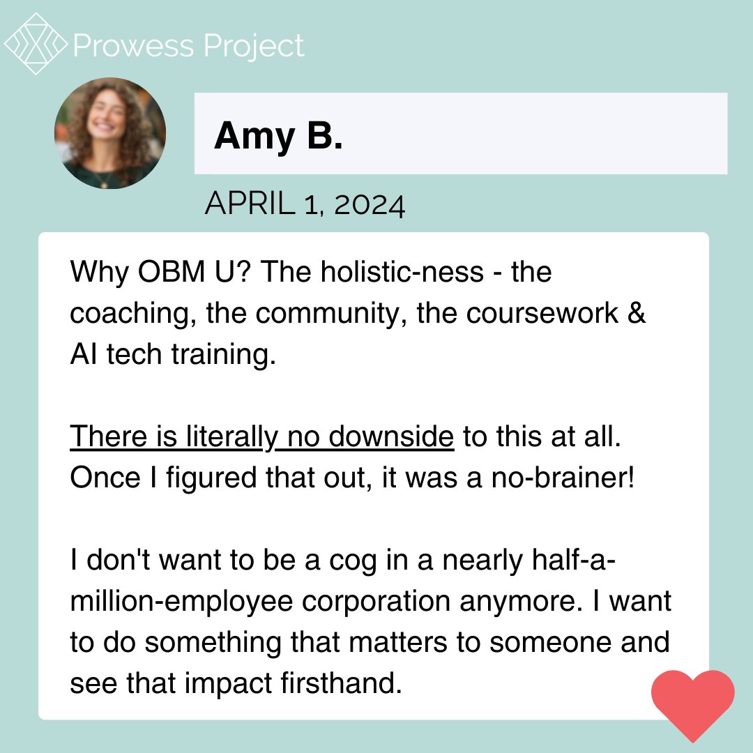Last chance to join OBM U (&amp; get the 1:1 coaching bonus)!  ow.ly/gV1j50R6cB8  

Why OBM U? 
There is literally no downside to this. Once I figured that out, it was a no-brainer!  I want to do something that matters to someone and see that impact firsthand.- Amy, OBM