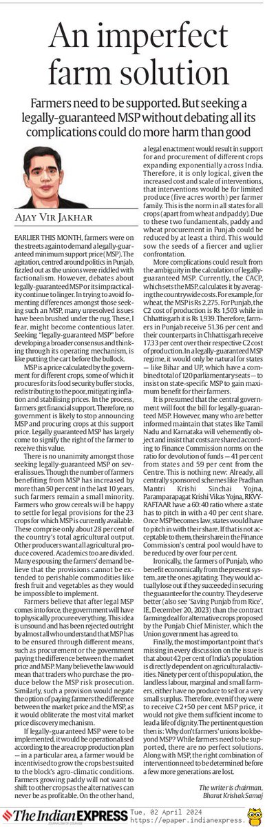 My article on developing a broader consensus &amp; thinking through on the operating mechanism of “Legally-Guaranteed MSP” lest it become the cause of another agonizing status quo.

Food for thought:
42% of India’s population is directly dependent on agricultural activities. Of this
