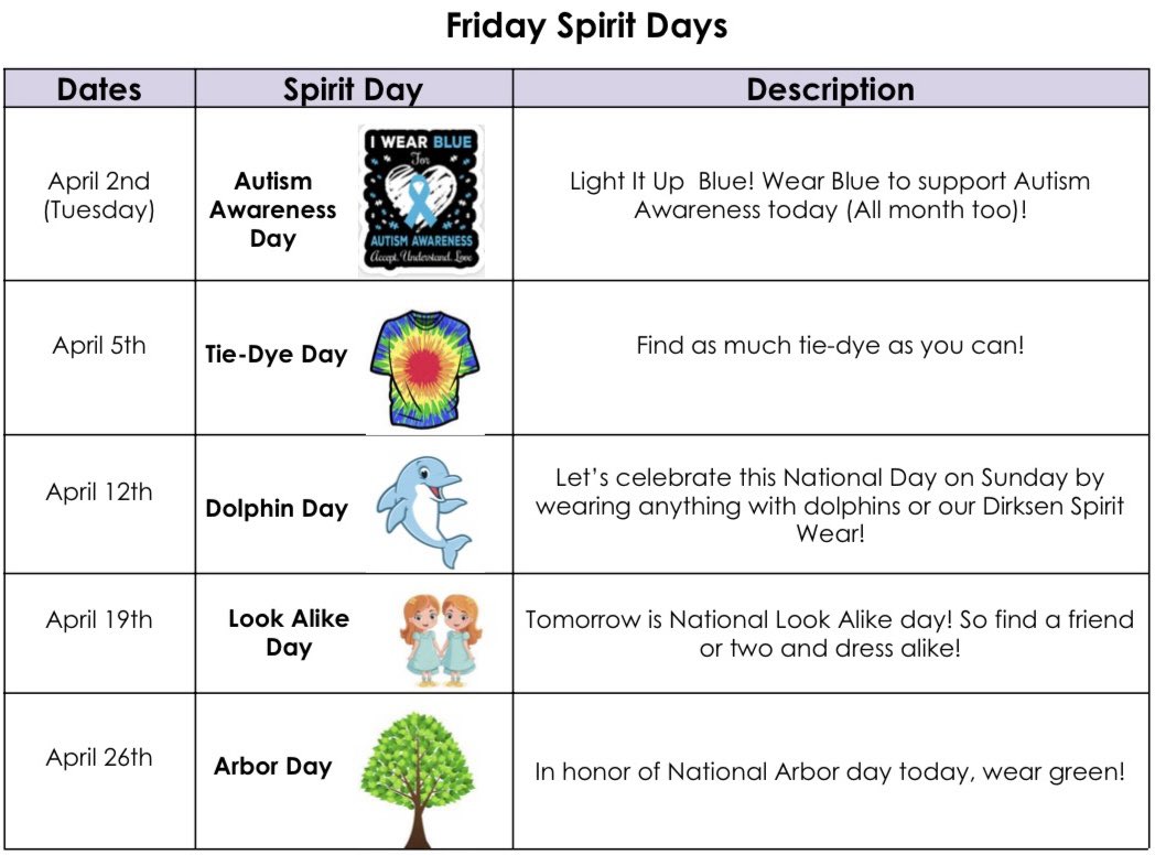 Spirit Days!👕🩵💙🌈🐬👯‍♀️🌳💚 Don’t forget to “Light It Up Blue” tomorrow to honor, support, represent, & promote Autism Awareness Day!🩵💙🐬 #thisisDirksen #weareDirksen #weBelong #weLead #weare54