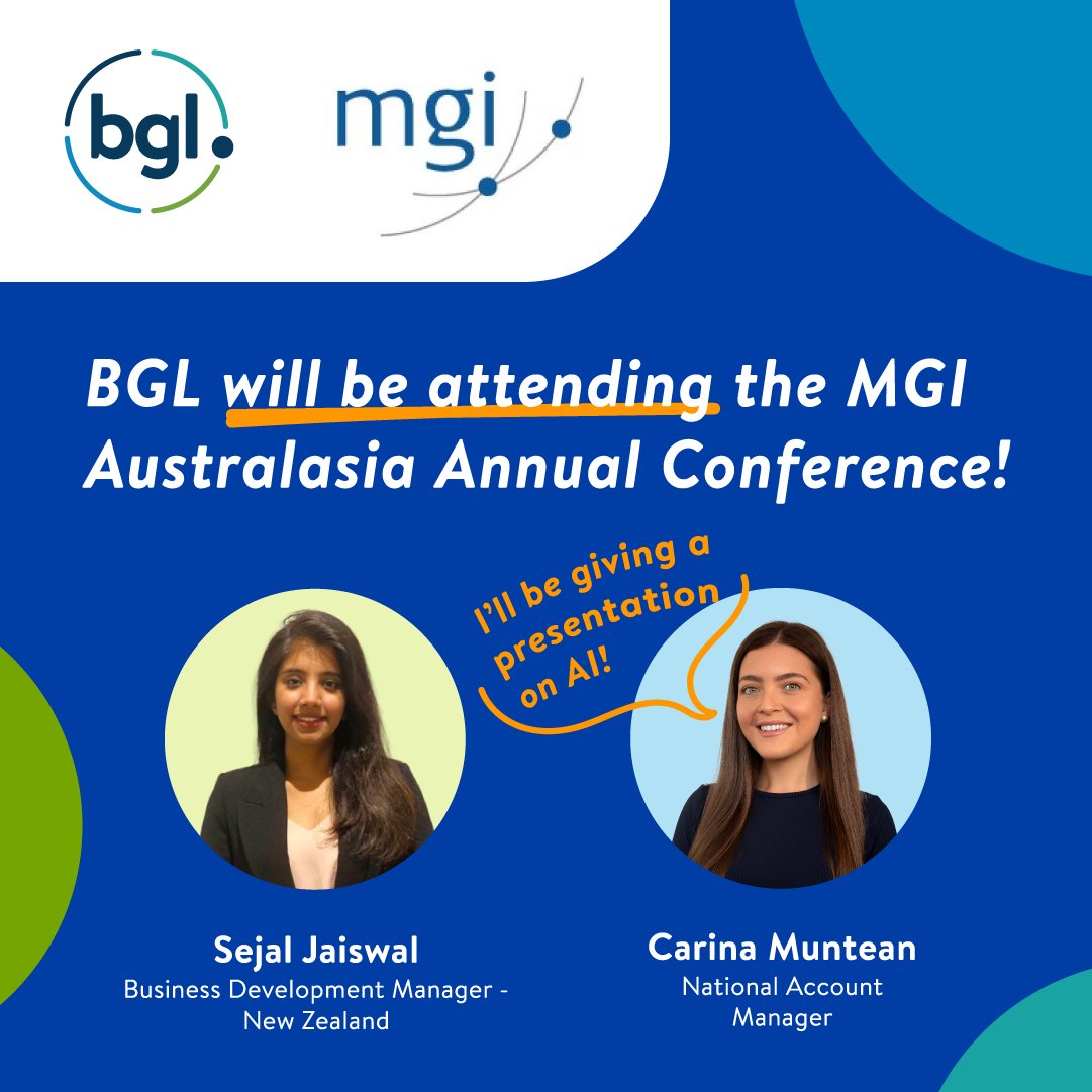 BGL will be attending the MGI Australasia Annual Conference in Melbourne from 11-12 April 2024. Don't miss BGL's Carina Muntean's amazing presentation on how BGL has integrated AI in our apps. Say hello to Sejal Jaiswal who will also be in attendance.