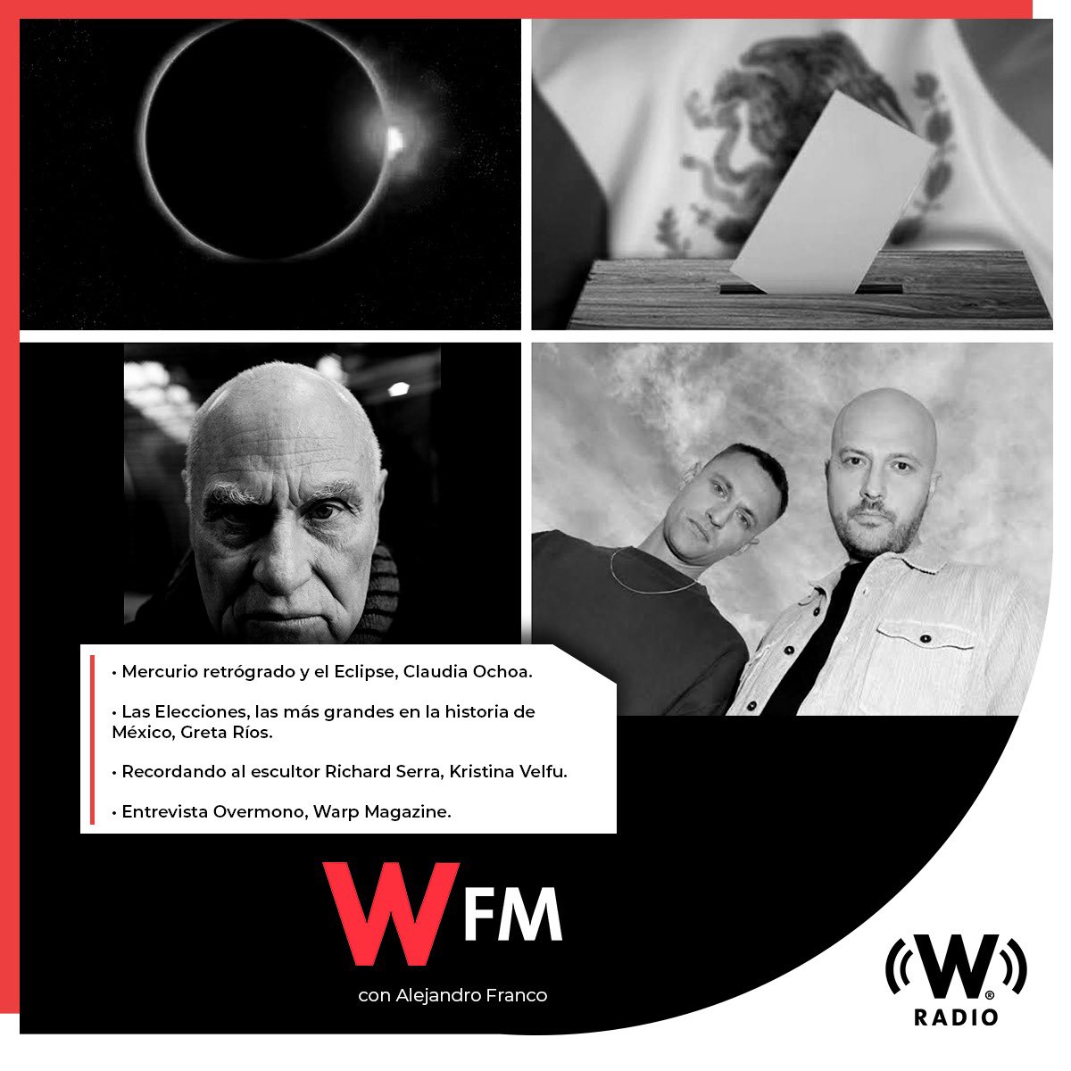Este 1 de abril en #WFMWRadio:
- @mar_deestrellas habla sobre Mercurio Retrógrado y el próximo Eclipse.
- ⁠@gretadice detalla cómo las elecciones serán las más grandes en la historia de México.
- ⁠@Velfu recuerda al escultor Richard Serra.
- Entrevista @WARPmagazine a @OVERMONO