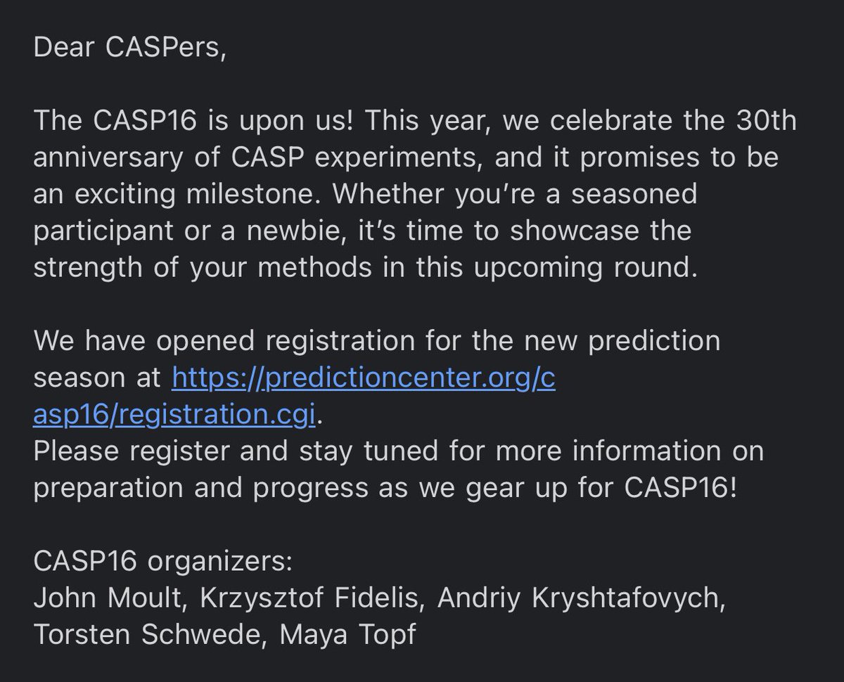 始まった。
#CASP16

predictioncenter.org/casp16/registr…