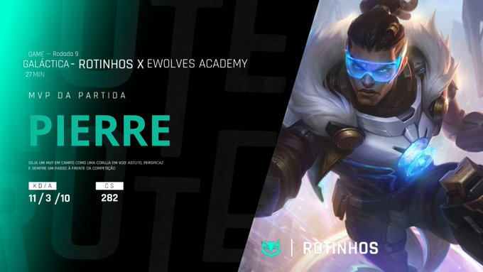 RotesESports's tweet photo. MVP ROTINHOS X @Ewolvesgg: @ExTzinn com seu Lucian 🔫

#GoRTS 🦉
#GoCrias 😎 https://t.co/d5JNXq7Txb
