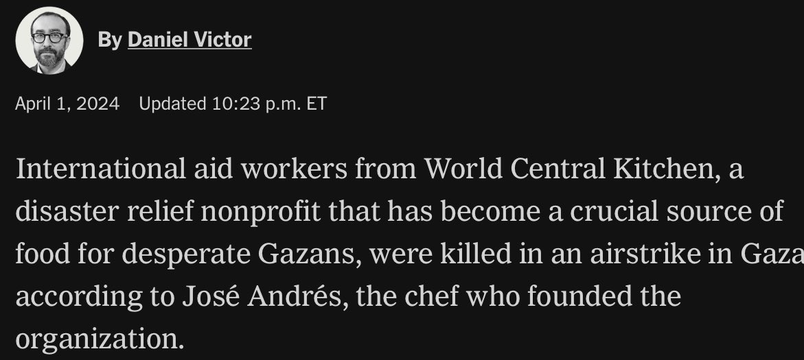 NYT headline and lede doesn’t tell readers who may have killed the WCK team in Gaza.