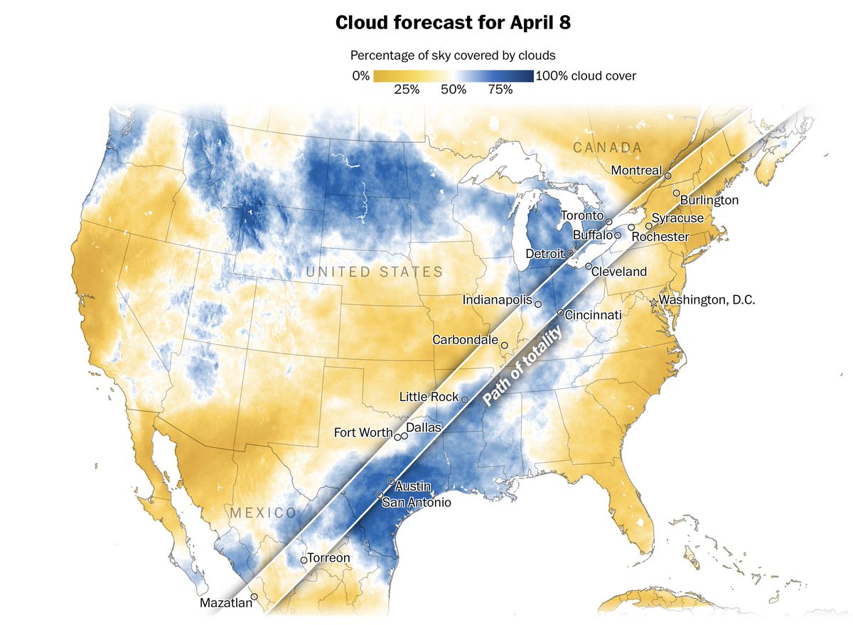 In a bit of a surprise reversal... looks like the Northeast will be the best spot to watch the eclipse and NOT Texas/Arkansas! washingtonpost.com/weather/2024/0…