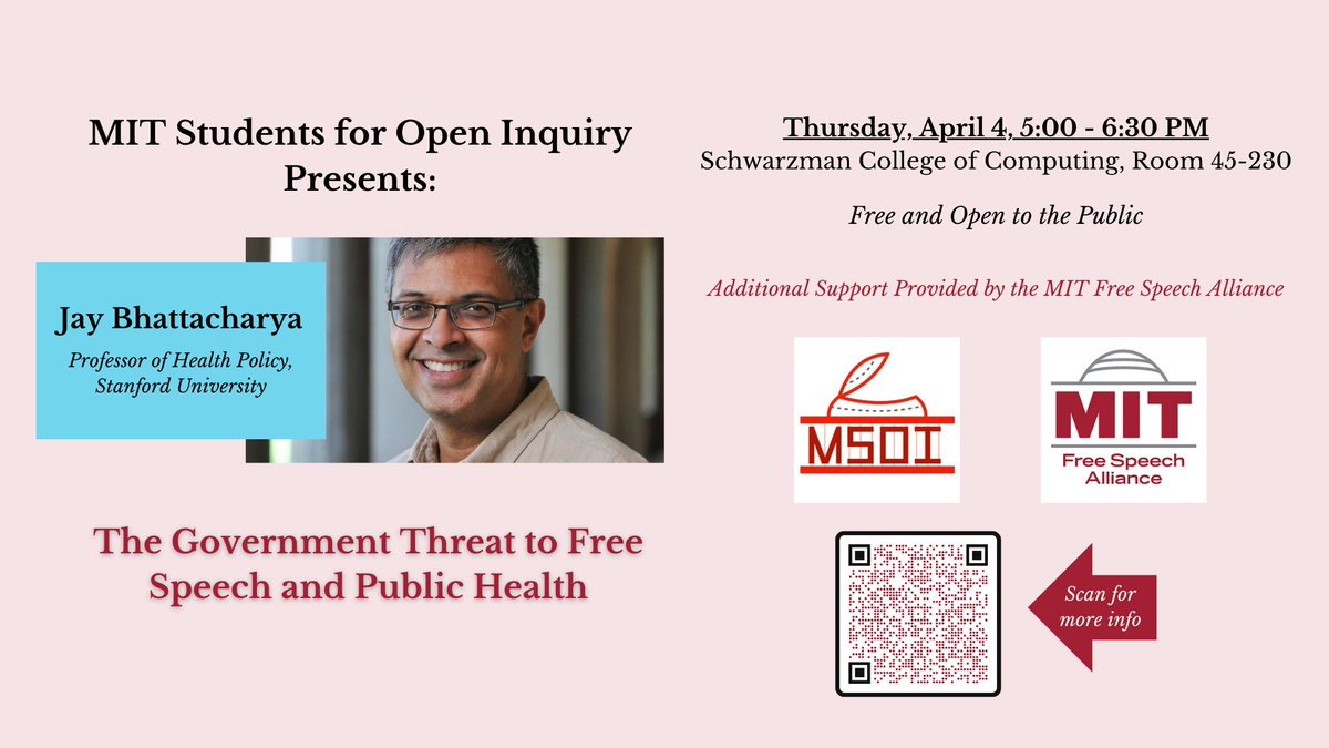 I'm giving a speech at @MIT this Thursday, April 4th on free speech. I will defend the idea that free speech is essential to scientific inquiry & advance and to keeping the public healthy. Admission is free.
