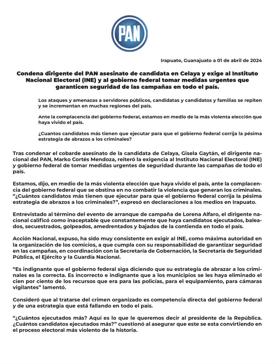 Condeno el cobarde asesinato de la candidata de Celaya, Gisela Gaytán, y reitero mi exigencia al INE y al Gobierno federal que tomen medidas urgentes de seguridad durante las campañas de todo el país.

Estamos en medio del proceso electoral más violento que haya vivido el país,