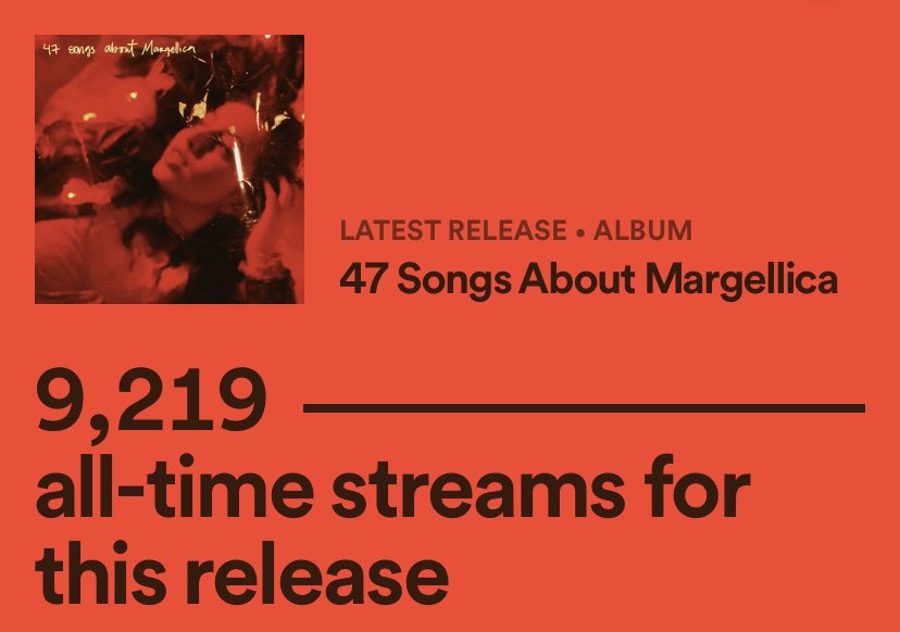 We are so close to 10K streams y’all stream 47 Songs About Margellica tonight!