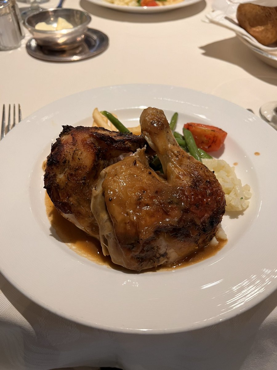 Dinner tonight! Coconut Shrimp, pineapple cocktail sauce, baby greens. French Onion Soup. Herb-Roasted Chicken gravy, shoestring potatoes, grilled tomato, green beans. #emeraldprincess #CruiseLife