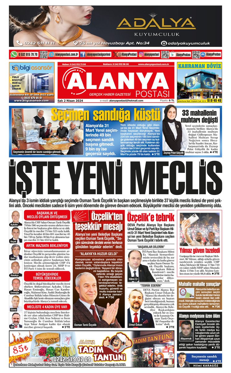 1. Sayfa 2 Nisan 2024 E-gazete için tıklayınız egazete.alanyapostasi.com.tr