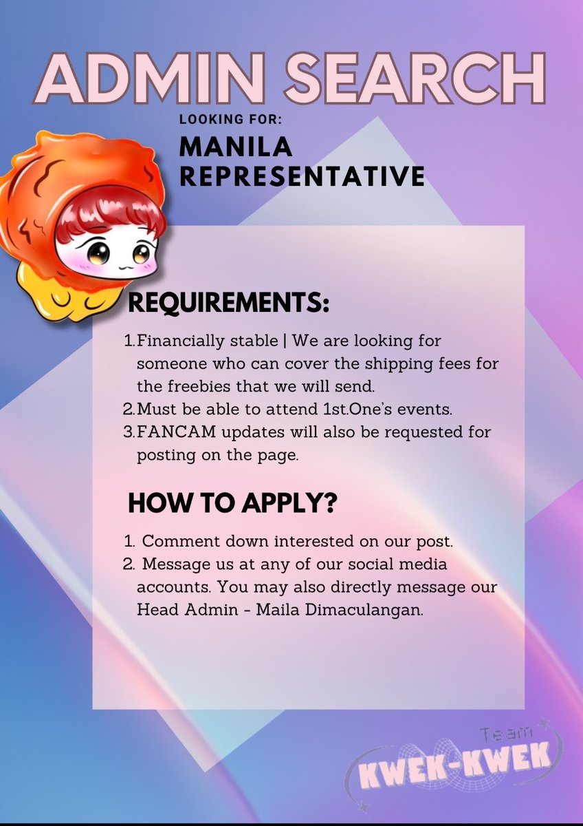 _ADMIN SEARCH_

We are seeking passionate Manila reps who are financially secure &amp; can cover shipping for event freebies.

#1stOne
#1stOneAce