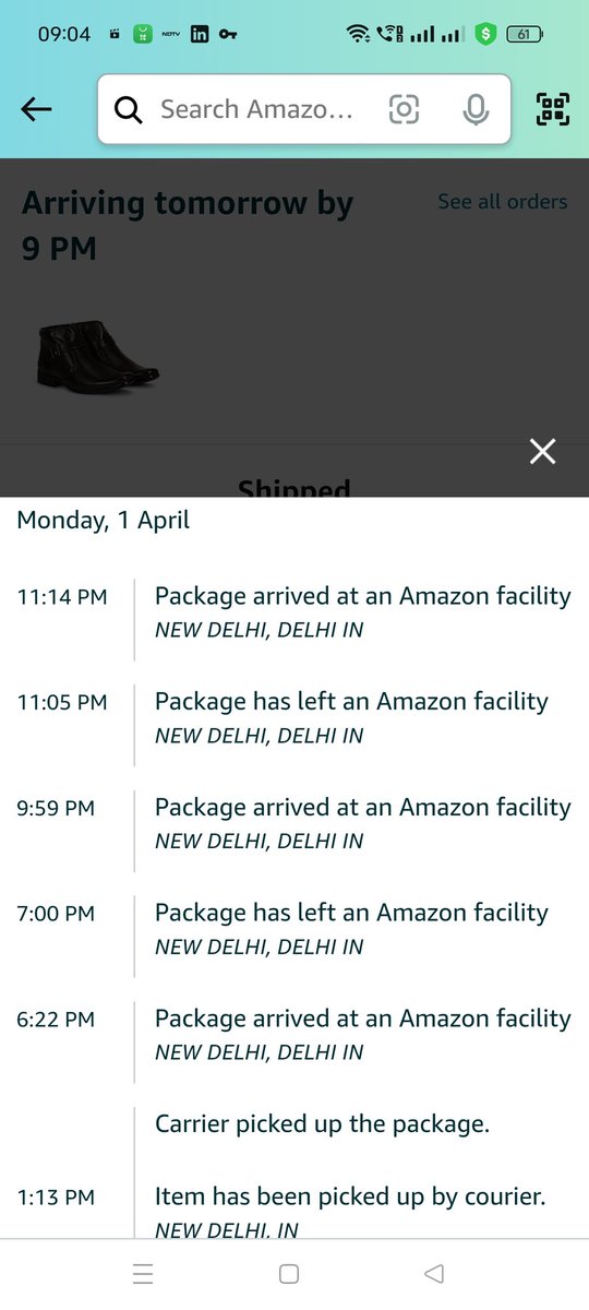 blackcat2050's tweet photo. @amazonIN I have ordered a pair of shoes which got missed in the Transit last week. I have ordered again which shows me the tracking information below which doesn't explain anything to me. Can't it be a little more explanatory. Totally confusing. https://t.co/24IIKE0NZf