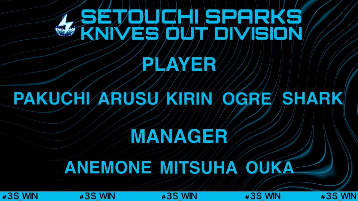amazones328's tweet photo. 𝐒𝐄𝐓𝐎𝐔𝐂𝐇𝐈 𝐒𝐏𝐀𝐑𝐊𝐒 #3SWIN
《 @SETOUCHI_SPARKS 》

【 𝐊𝐧𝐢𝐯𝐞𝐬 𝐎𝐮𝐭 𝐃𝐢𝐯𝐢𝐬𝐢𝐨𝐧 】

［ 𝐀𝐟𝐟𝐢𝐥𝐢𝐚𝐭𝐞𝐝 𝐩𝐥𝐚𝐲𝐞𝐫𝐬 ］

▫️3S.ぱくちー！ @P95saituyo
▫️3S.4rus @arusu0513
▫️3S.麒麟 @Kirinn_Max
▫️3S.おーが @0gaX_
▫️3S.しゃくぬこ伝説 @mjr_87 https://t.co/SC9WzjoR8j