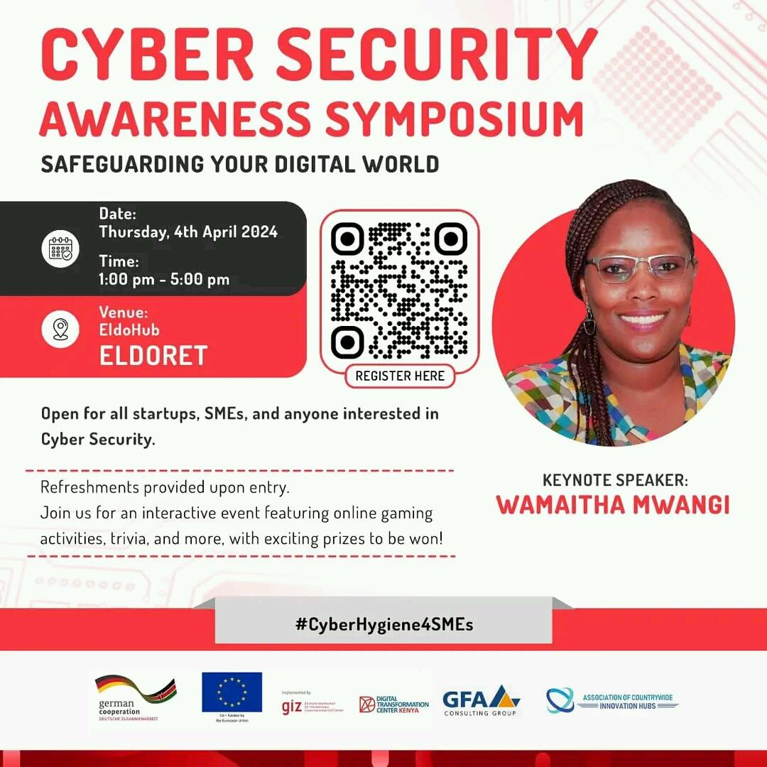 Eldohub will be hosting the Cyber Security Awareness Symposium on April 4th, 2024 from 1 pm - 5 pm at Eldohub, 3rd Floor, Kiptagich House. Enhance your cyber defenses, enjoy online games, and win exciting prizes! Register now: bit.ly/3TNj0Ux #CyberHygiene4SMEs