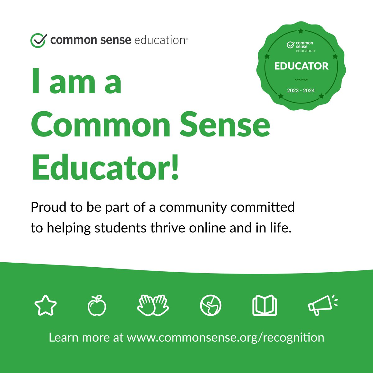 Me complace compartir que he obtenido la certificación como Common Sense Educator, un programa que me permite fortalecer mis habilidades para enseñar a los niños y jóvenes sobre la ciudadanía digital en el mundo actual.
#CommonSenseEducator