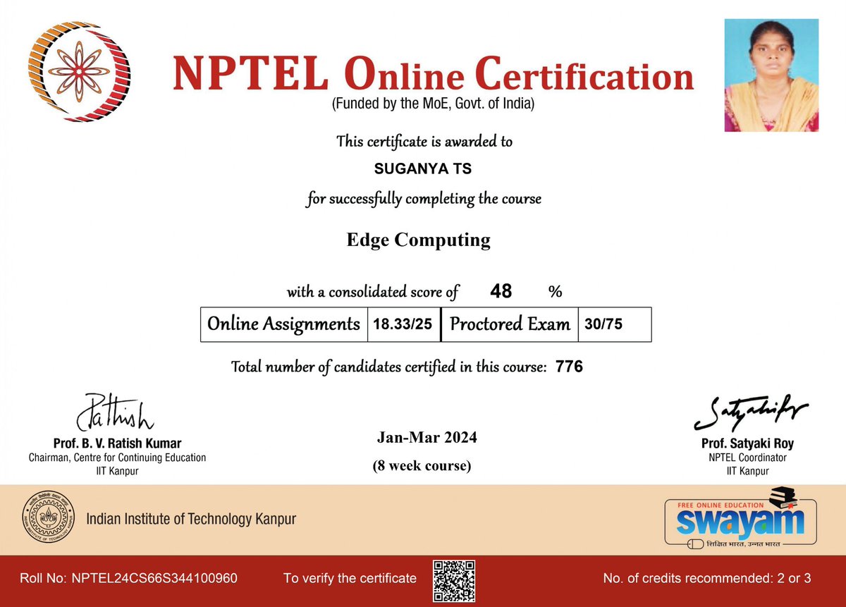 Department of Computer Science and Applications- BCA Dear All  We are happy to share that  Dr T.S.SUGANYA has successfully completed the NPTEL course Edge Computing Duration: 8 weeks 
#fshramapuram
#srmramapuram 
#SRMIST 
#srmramapuramuniversity 
#srmramapuramist
#uniquelearning