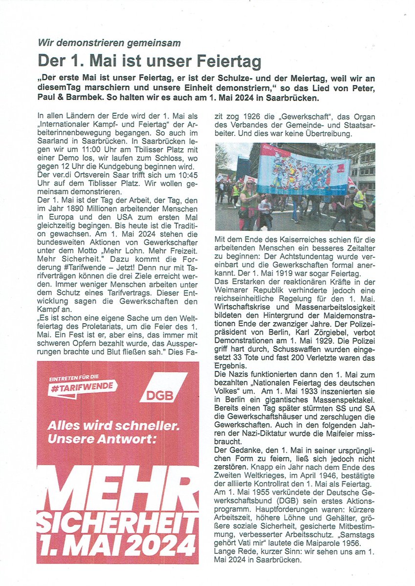 #SKK20240402 #Quelle #Rundbrief 07/24 #verdi OV #Saarbrücken #ErsterMai24 #Maifeiertag #Meiertag #Demo @MichelQuetting #TagderArbeit #Bedeutung #DGB #Tradition #Saarland