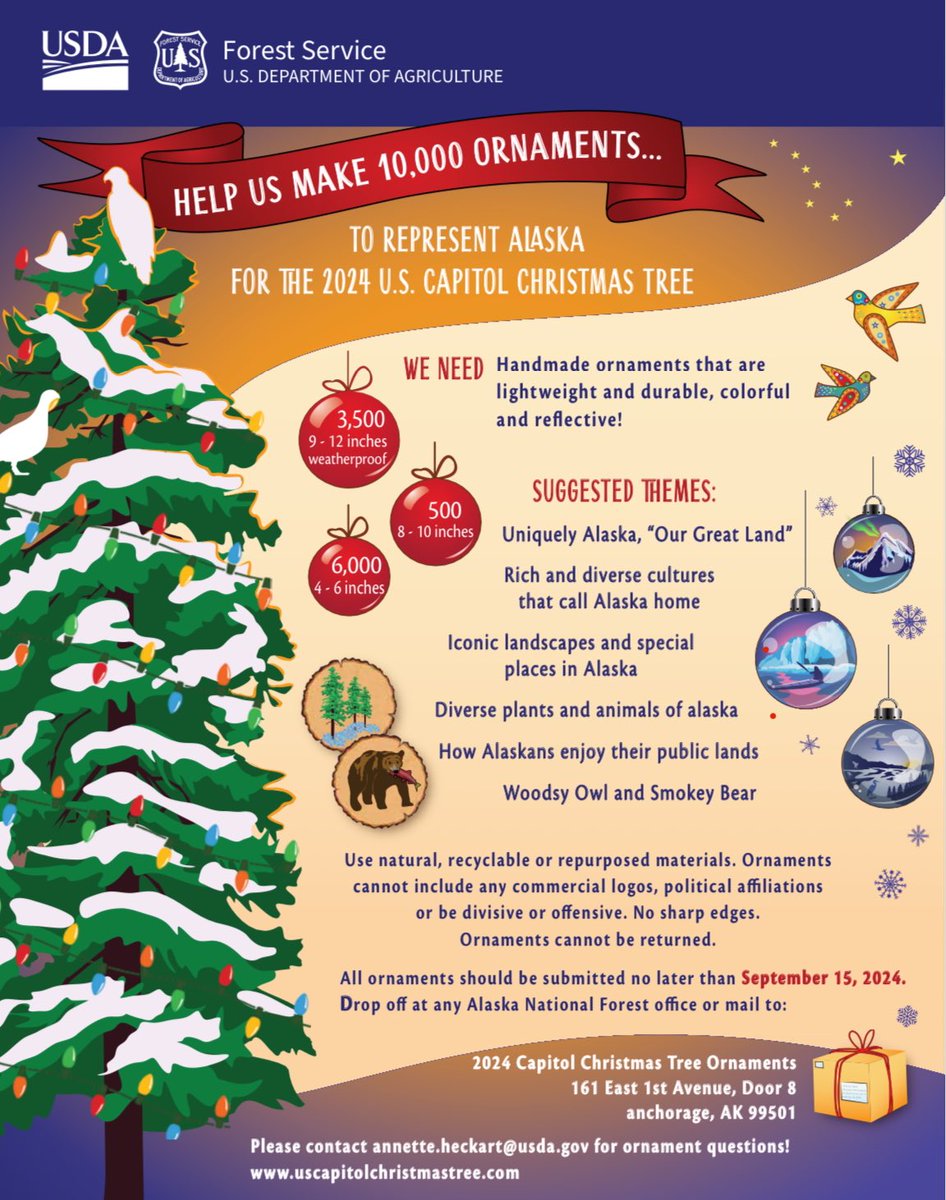 📣 Attention Alaskans! Time to unleash your creativity and gather your craft supplies, recyclable materials, and anything else you can create into ornaments! #uscapitolchristmastree #alaskanchristmas #naturepeopletradition