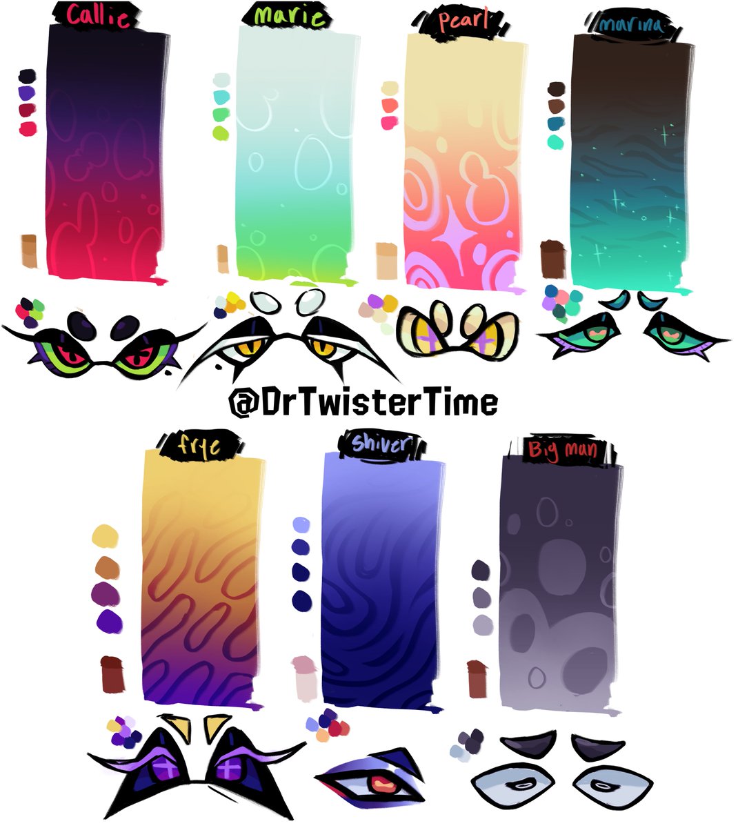 DrTwisterTime's tweet photo. here are all my headcanons for the idols!!! should i do my agents next or just have my idols? 
#offthehook #deepcut #SquidSisters #Splatoon3 https://t.co/QRKf1HJD3U